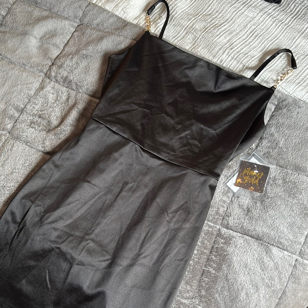 Elegant Black Dress with Gold Chain Straps